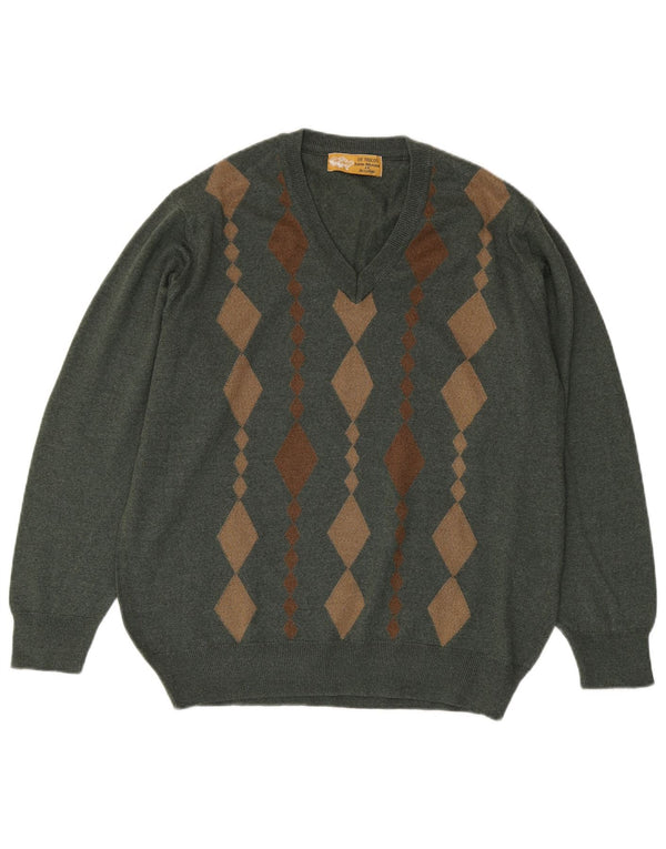 Vintage mujer V-cuello jumper suéter XL caqui Argyle/Diamond Merino lana