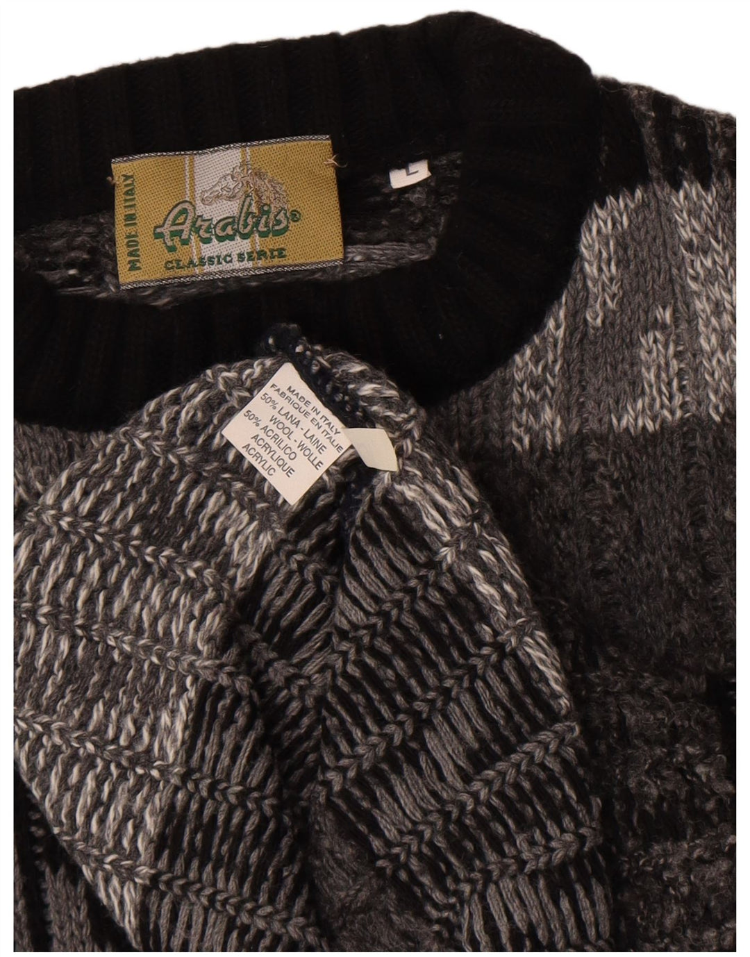 Vintage hombres cuello redondo jersey suéter grande gris Chevron lana