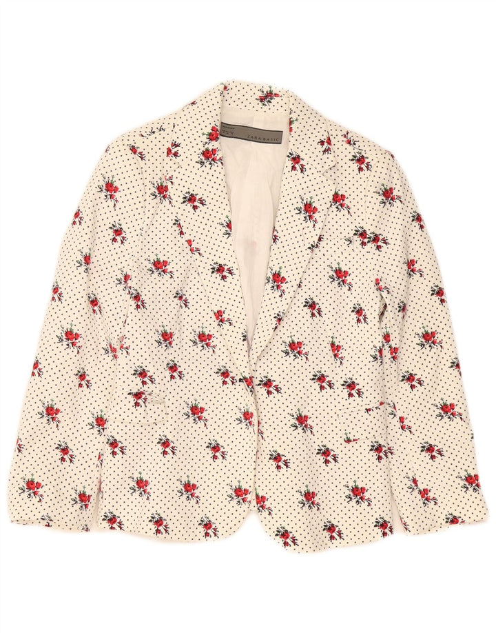 Zara Chaqueta Blazer De 1 Botón para Mujer UK 40 Mediana Algodón Floral Blanco
