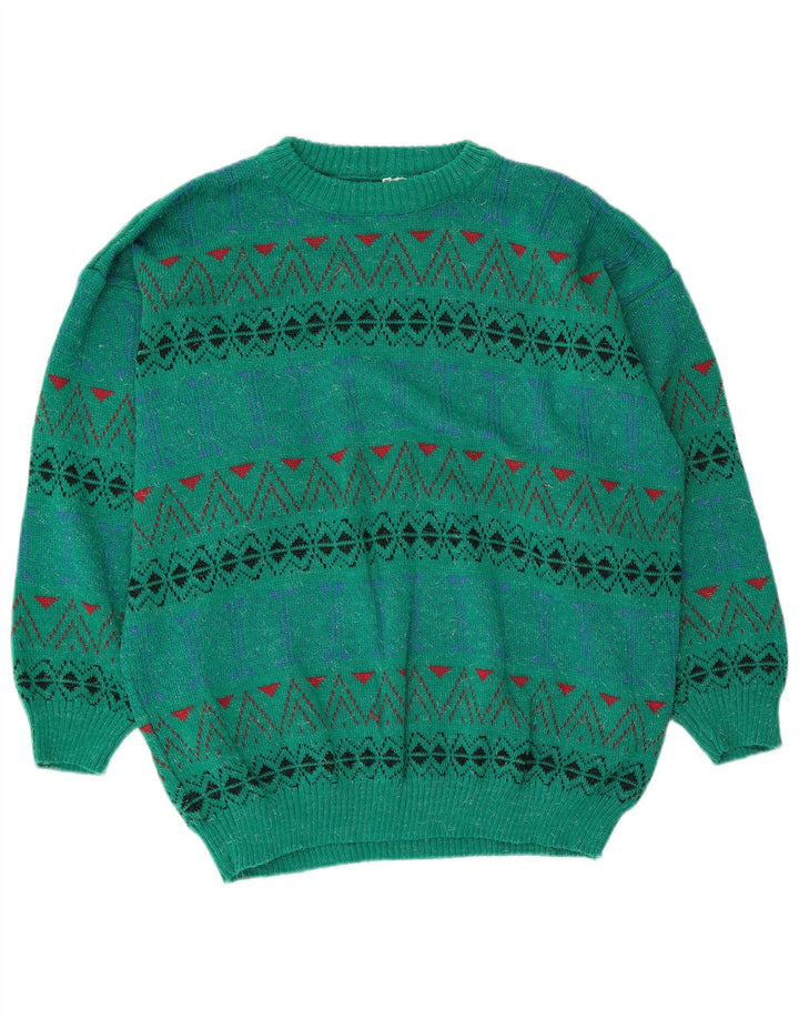 Vintage hombres cuello redondo jersey suéter medio verde geométrico acrílico