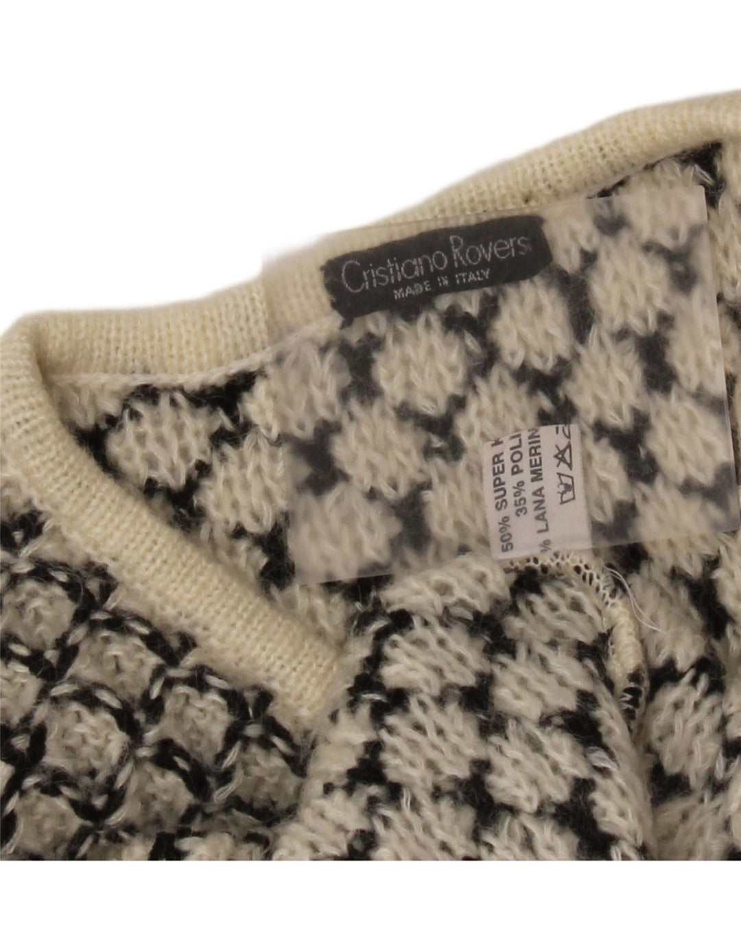 Vintage mujer V-cuello jumper suéter Reino Unido 14 medio apagado blanco geométrico