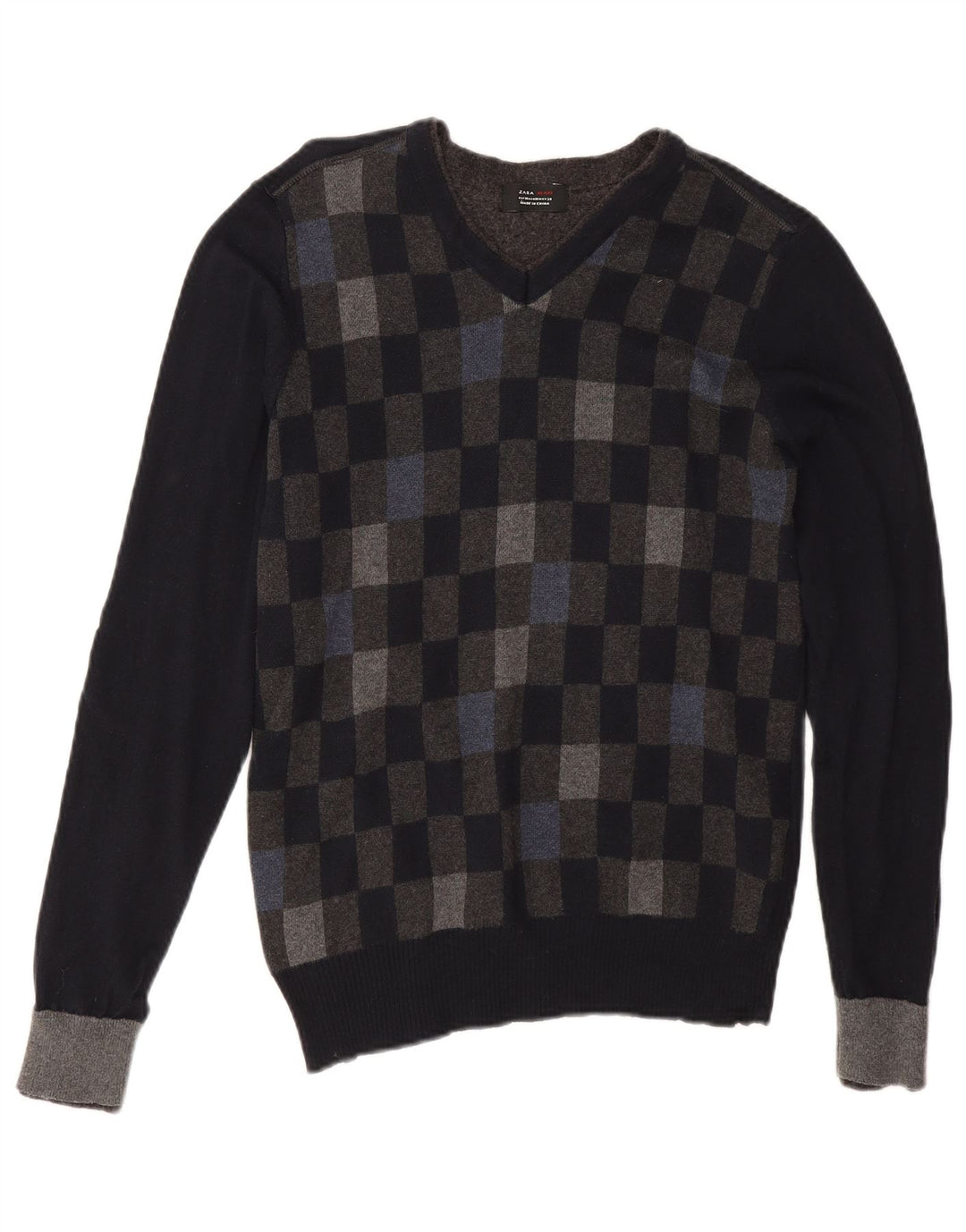 Zara Hombre Jersey Con Cuello En V Jersey Algodón Geométrico Negro Mediano