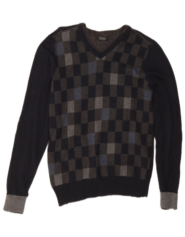 Zara Hombre Jersey Con Cuello En V Jersey Algodón Geométrico Negro Mediano