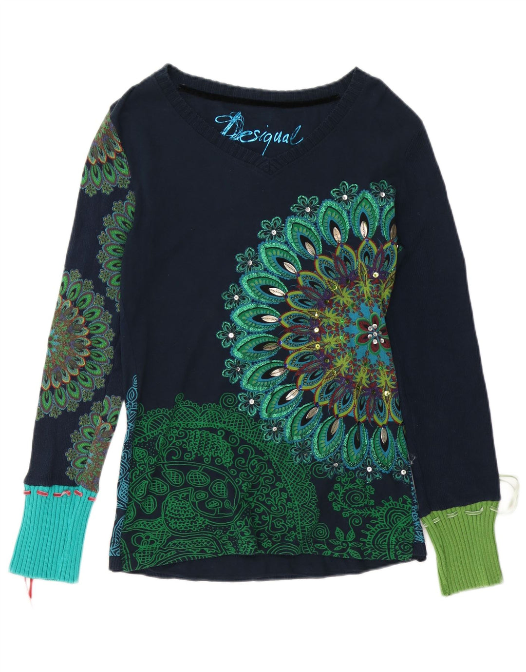 DESIGUAL Top gráfico para mujer manga larga UK 44 grande azul marino floral