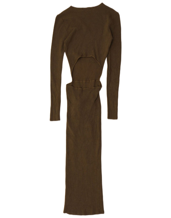 Zara Vestido Maxi Ajustado De Manga Larga para Mujer UK 8 Small Viscosa Caqui