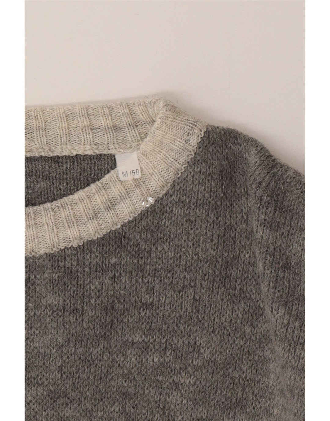 Vintage hombres cuello redondo jersey suéter EU 50 gris medio colorblock clásico