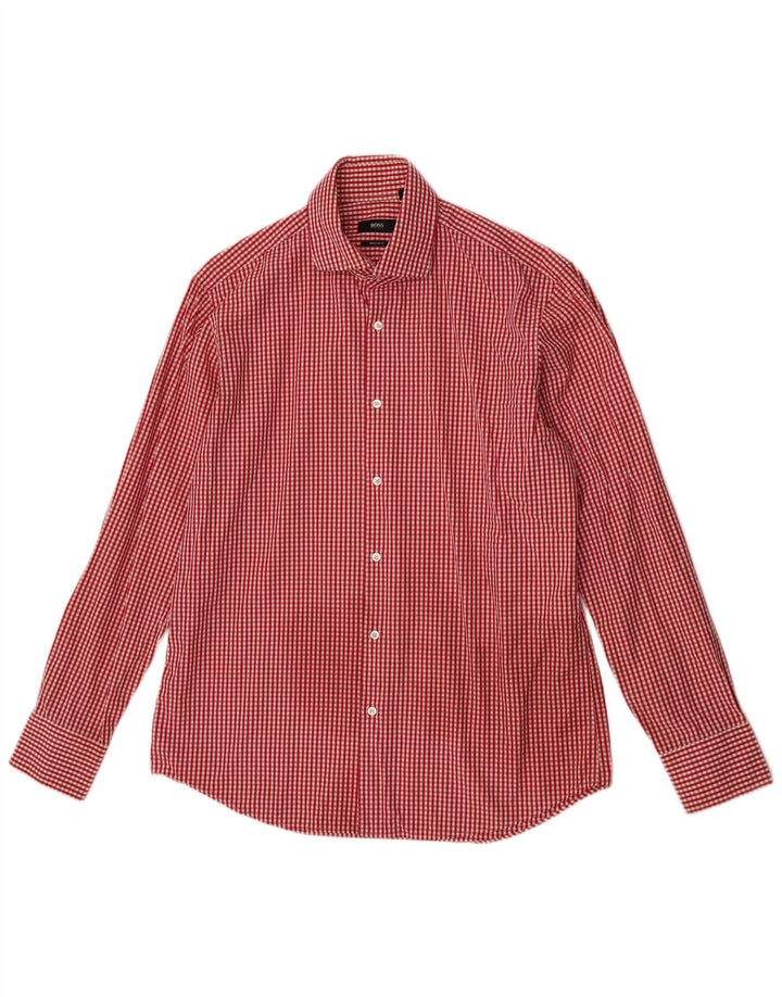 Hugo Boss Camisa de corte regular para hombre Talla 41 16 Algodón a cuadros rojo grande