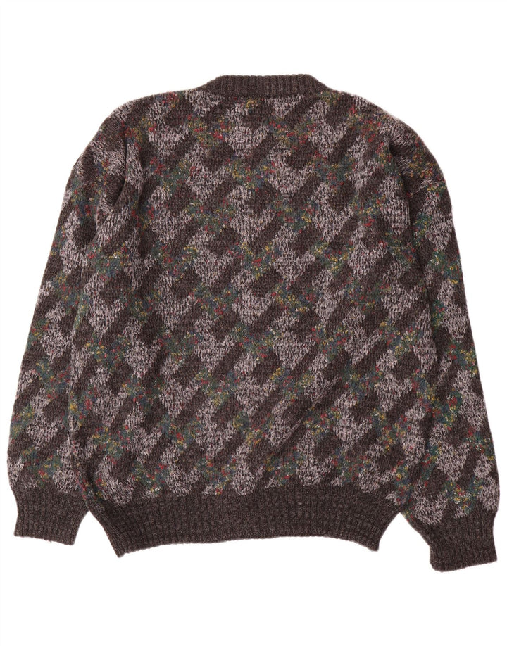 Vintage hombres cuello redondo jersey suéter grande gris Argyle/lana de diamante