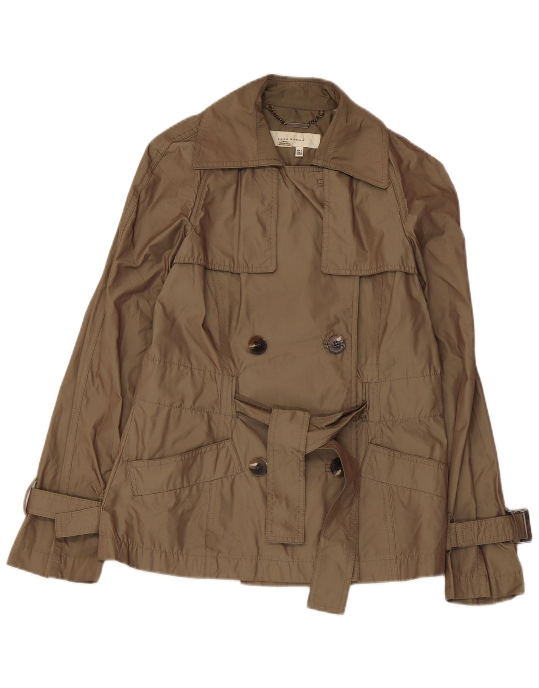 Zara Mujer Gabardina Corta UK 10 Small Caqui Poliéster