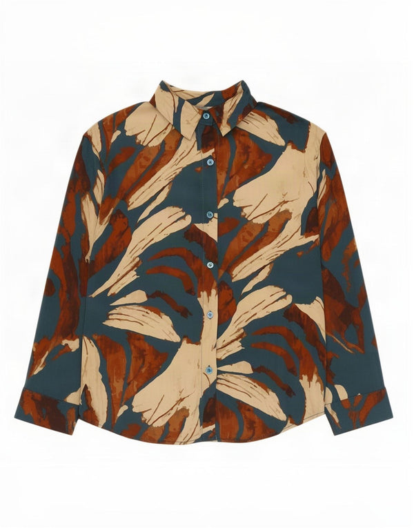 Vintage mujer patrón abstracto camisa blusa Reino Unido 16 seda multicolor grande
