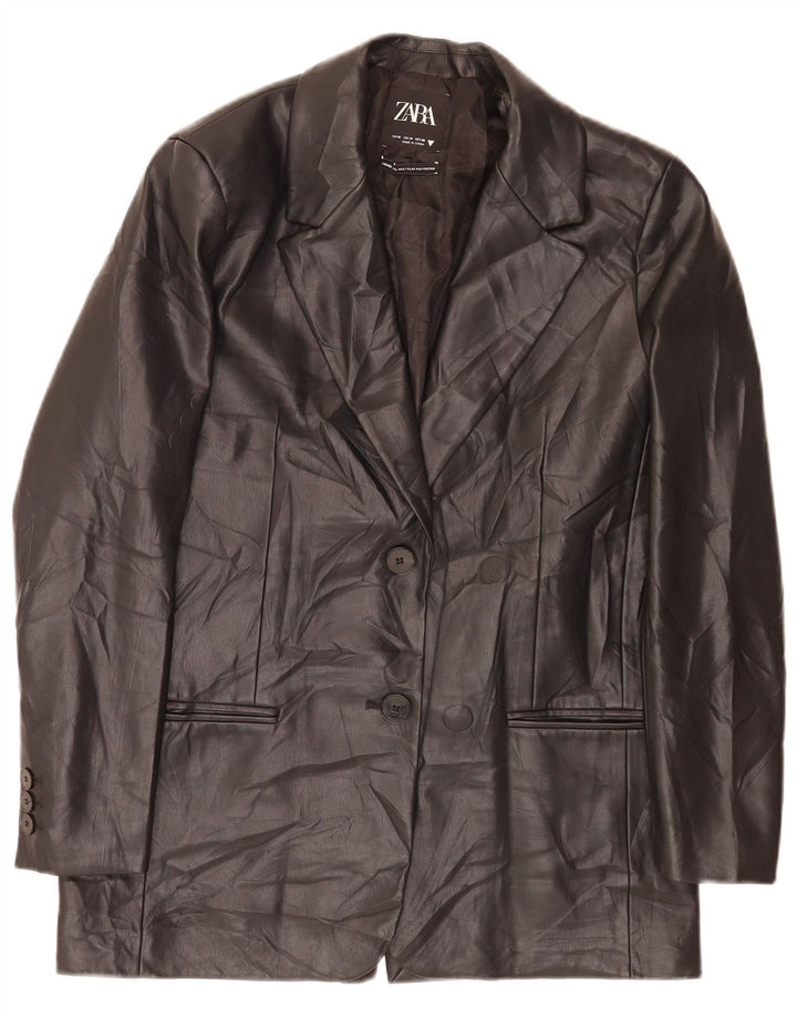 Zara Chaqueta Blazer de Piel Sintética con 2 Botones para Mujer UK 44 Mediana Negra Clásica