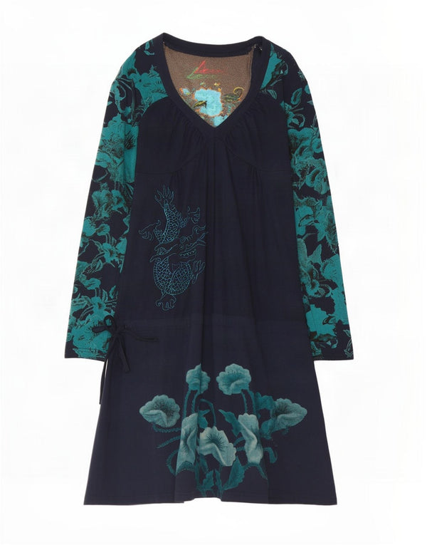Desigual Vestido de manga larga con cintura caída para mujer UK 40 Medio Azul marino Floral