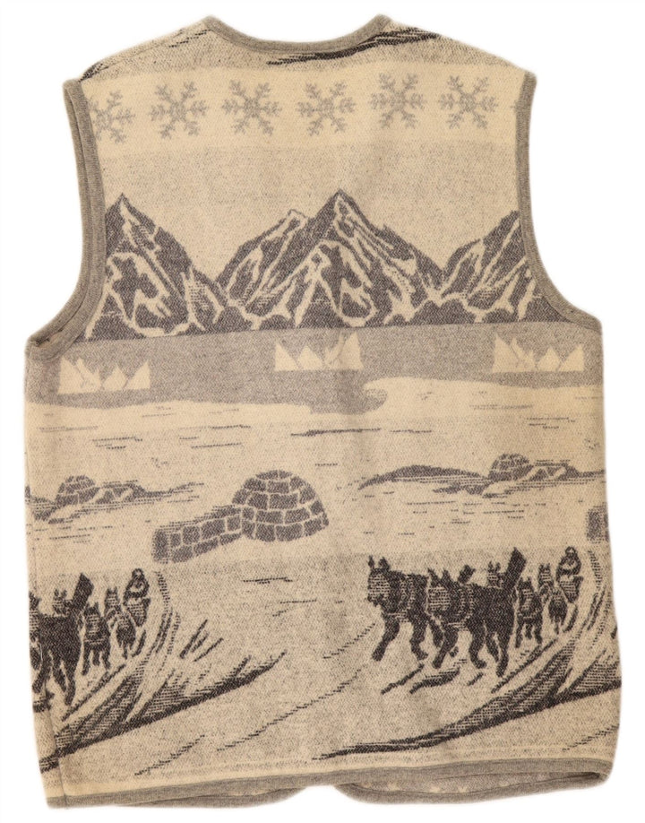 Vintage hombres gráfico sin mangas cardigan suéter medio gris lana