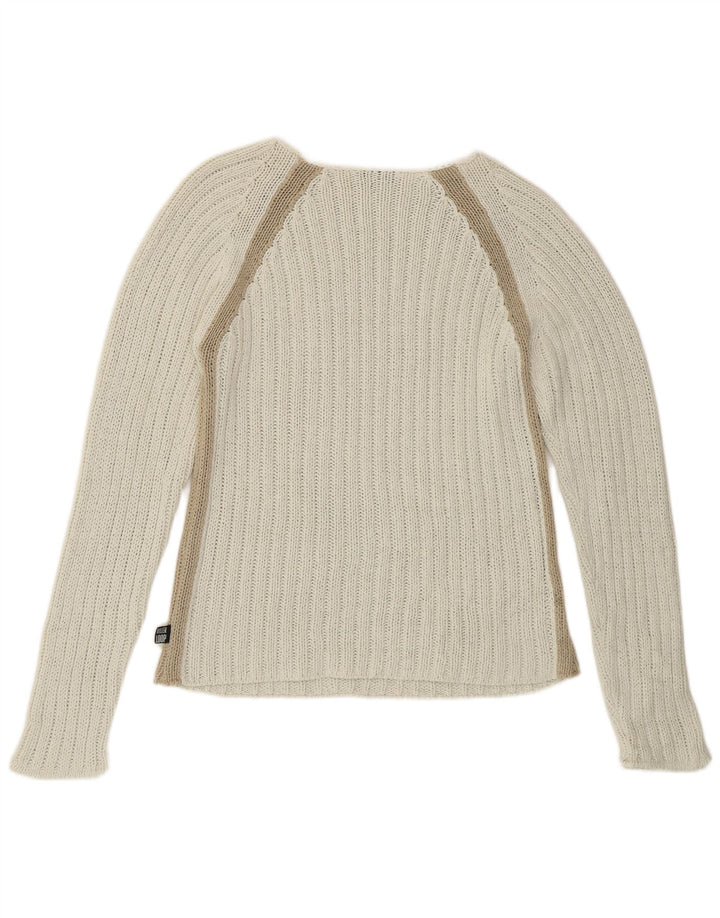 Killer Loop Suéter tipo jersey con cuello barco para mujer, talla 40, talla pequeña, color blanco a rayas