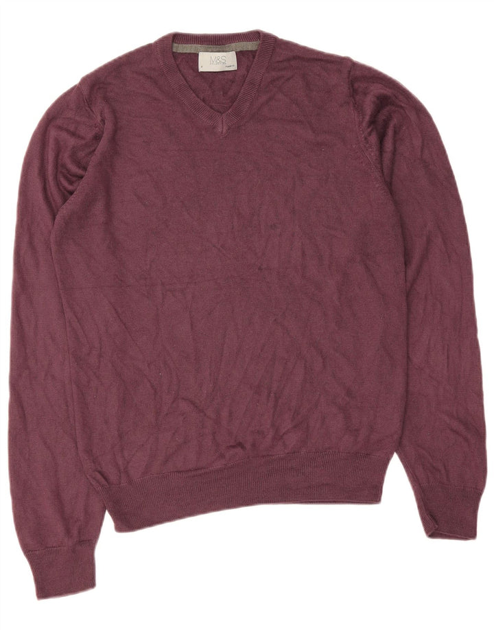 Marks & Spencer Suéter tipo jersey con cuello en V de ajuste regular para hombre pequeño burdeos