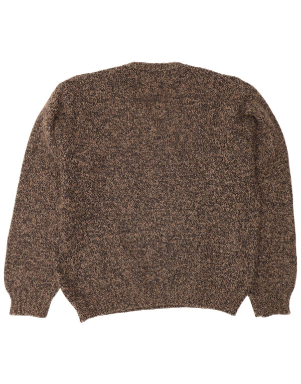 Vintage hombres V-cuello jumper suéter XL marrón lana moteada