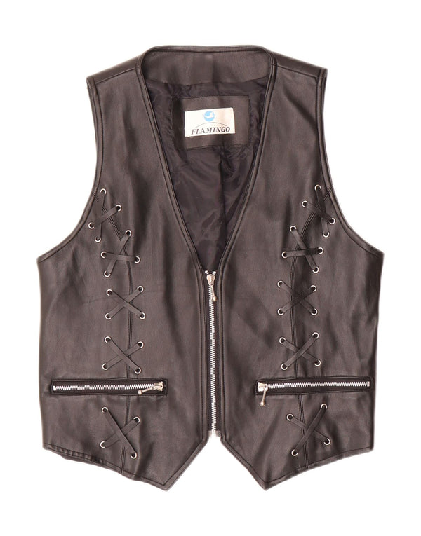 Chaleco de cuero vintage para mujer Reino Unido 20 2XL negro