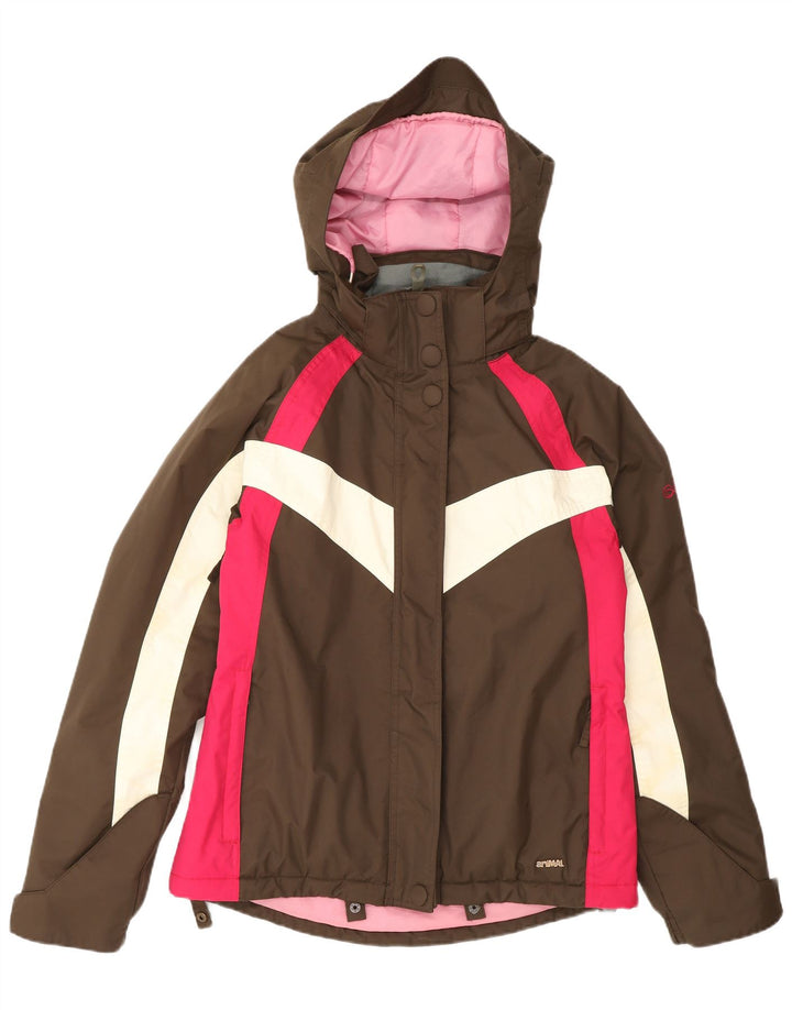 ANIMAL Chaqueta impermeable con capucha de gran tamaño para mujer UK 10 Small Brown Colourblock
