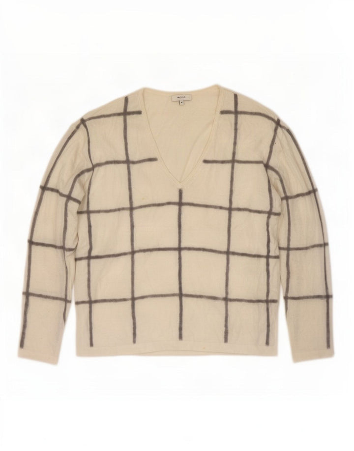 Reiss Jersey con cuello en V para mujer UK 40 Mediano Poliéster a cuadros blanco