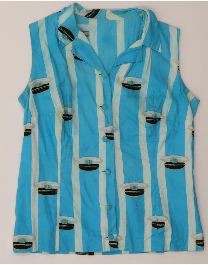 VINTAGE Blusa camisa sin mangas para mujer Reino Unido 16 Rayas azules grandes
