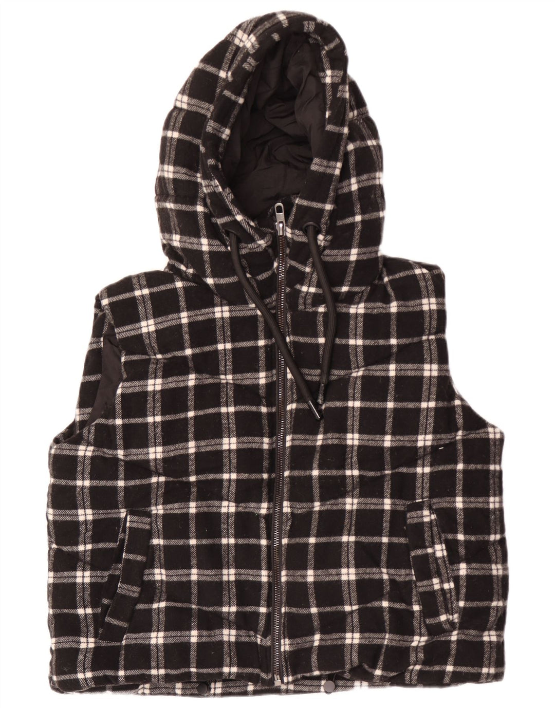 Zara Mujer Chaleco Acolchado Corto Extragrande Con Capucha UK 44 Medium Black Check