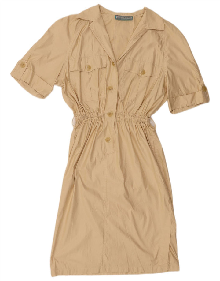 Vintage mujer manga corta jersey vestido camisa Reino Unido 14 beige medio