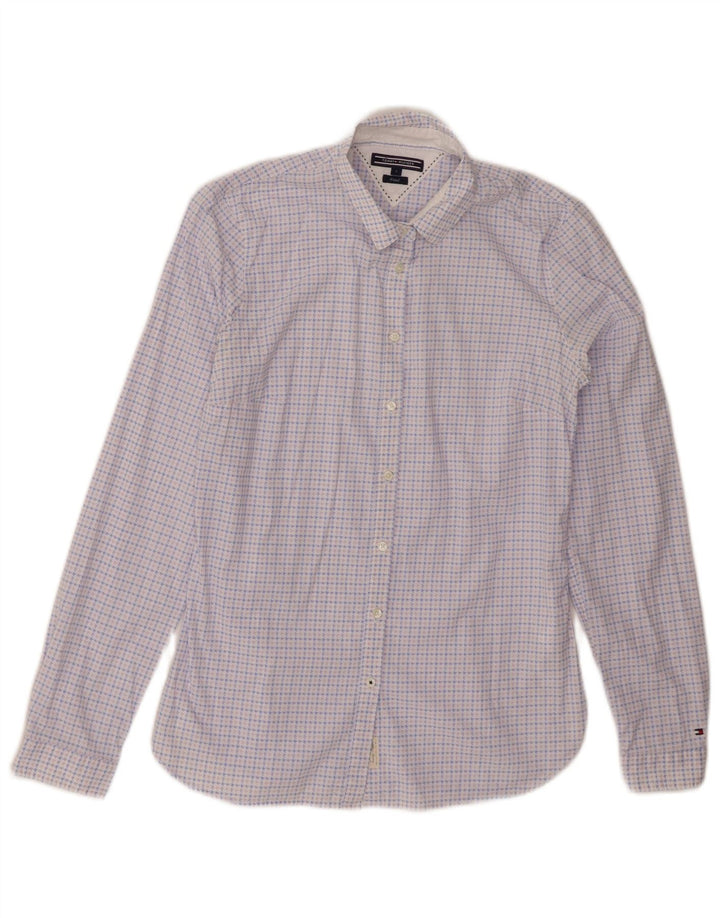 TOMMY HILFIGER Camisa ajustada para mujer US 4 Small Blue Houndstooth Cotton