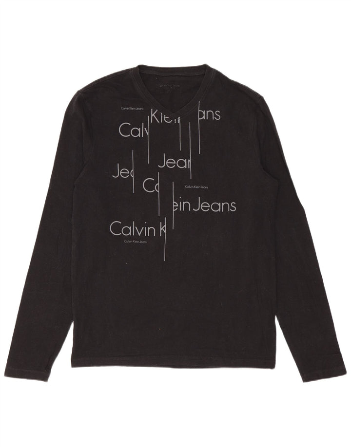 Calvin Klein Jeans Mujer Gráfico Top Manga Larga UK 12 Mediano Negro