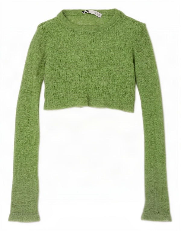 Zara Mujer Top Corto De Punto De Manga Larga UK 8 Small Verde