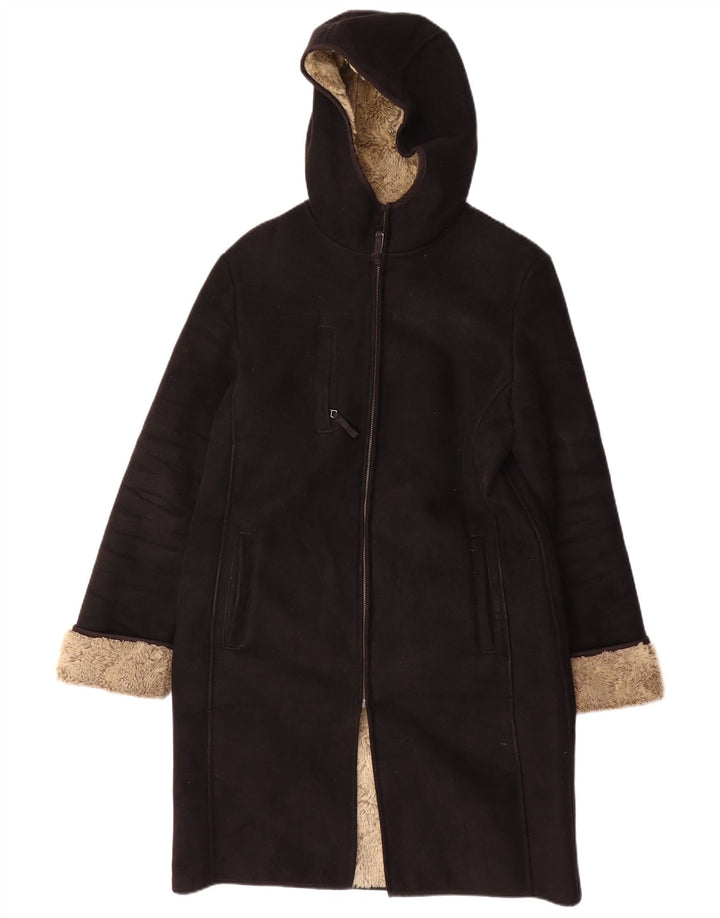 NEXT Abrigo con capucha Sherpa para mujer UK 40 Poliéster negro mediano