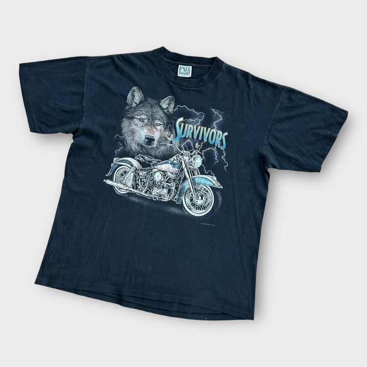 Camiseta vintage con gráfico de motociclista de punto único - XL