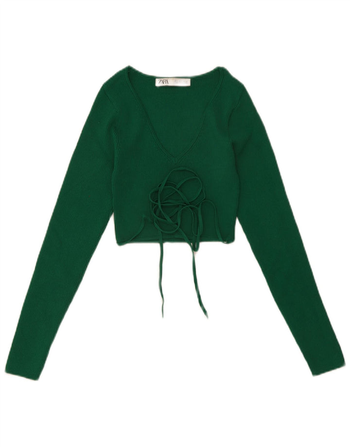 Zara Mujer Top Corto De Manga Larga UK 8 Small Verde