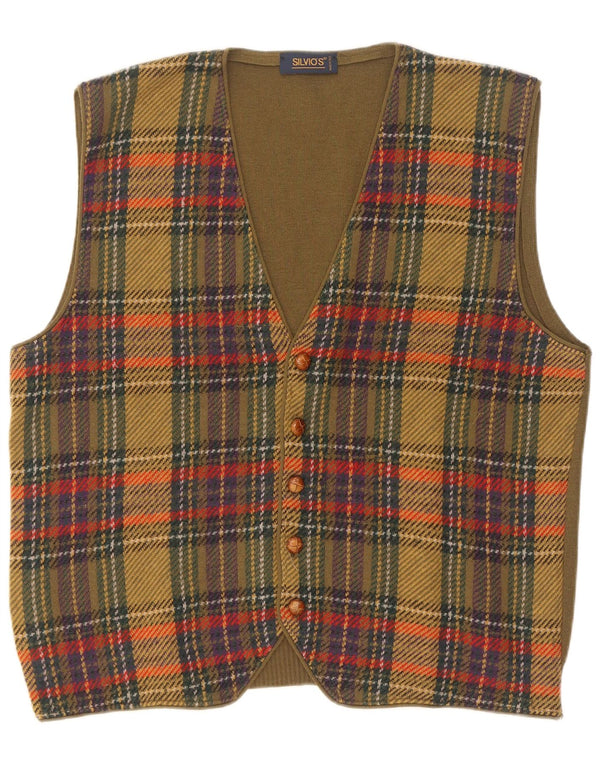 Vintage hombres sin mangas cardigan suéter IT 54 XL caqui comprobar lana