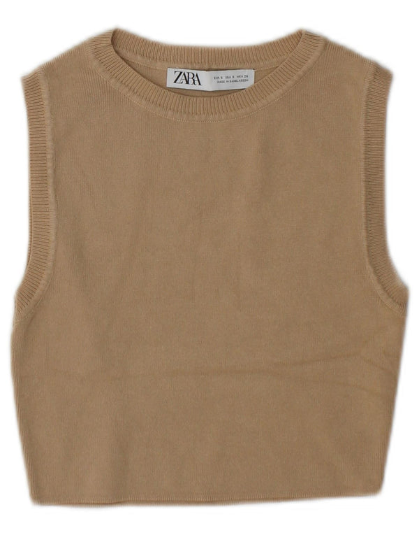 Zara Mujer Crop Vest Tank Top UK 10 Small Beige Viscosa