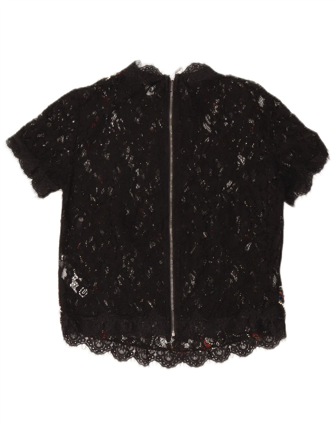 ZARA Blusa de encaje transparente para mujer Top UK 10 Small Nylon floral negro