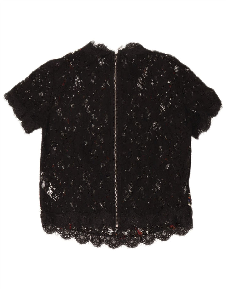 ZARA Blusa de encaje transparente para mujer Top UK 10 Small Nylon floral negro
