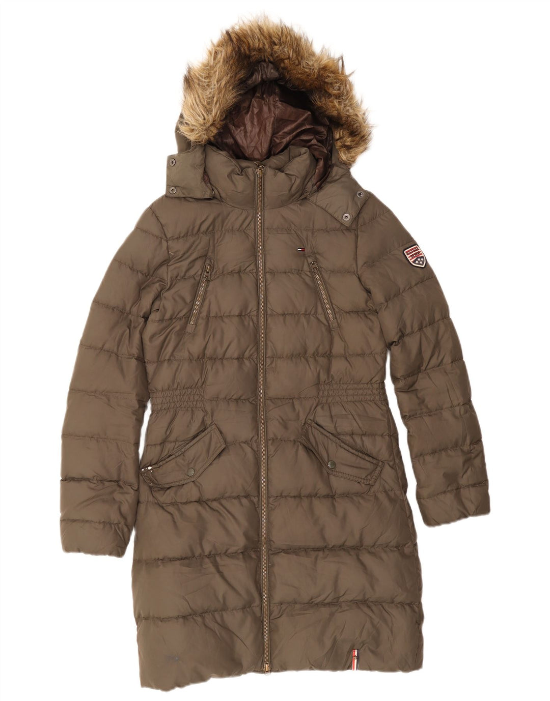 Tommy Hilfiger Abrigo acolchado con capucha para mujer UK 10 Small Caqui Poliéster
