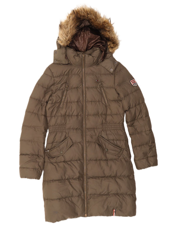 Tommy Hilfiger Abrigo acolchado con capucha para mujer UK 10 Small Caqui Poliéster