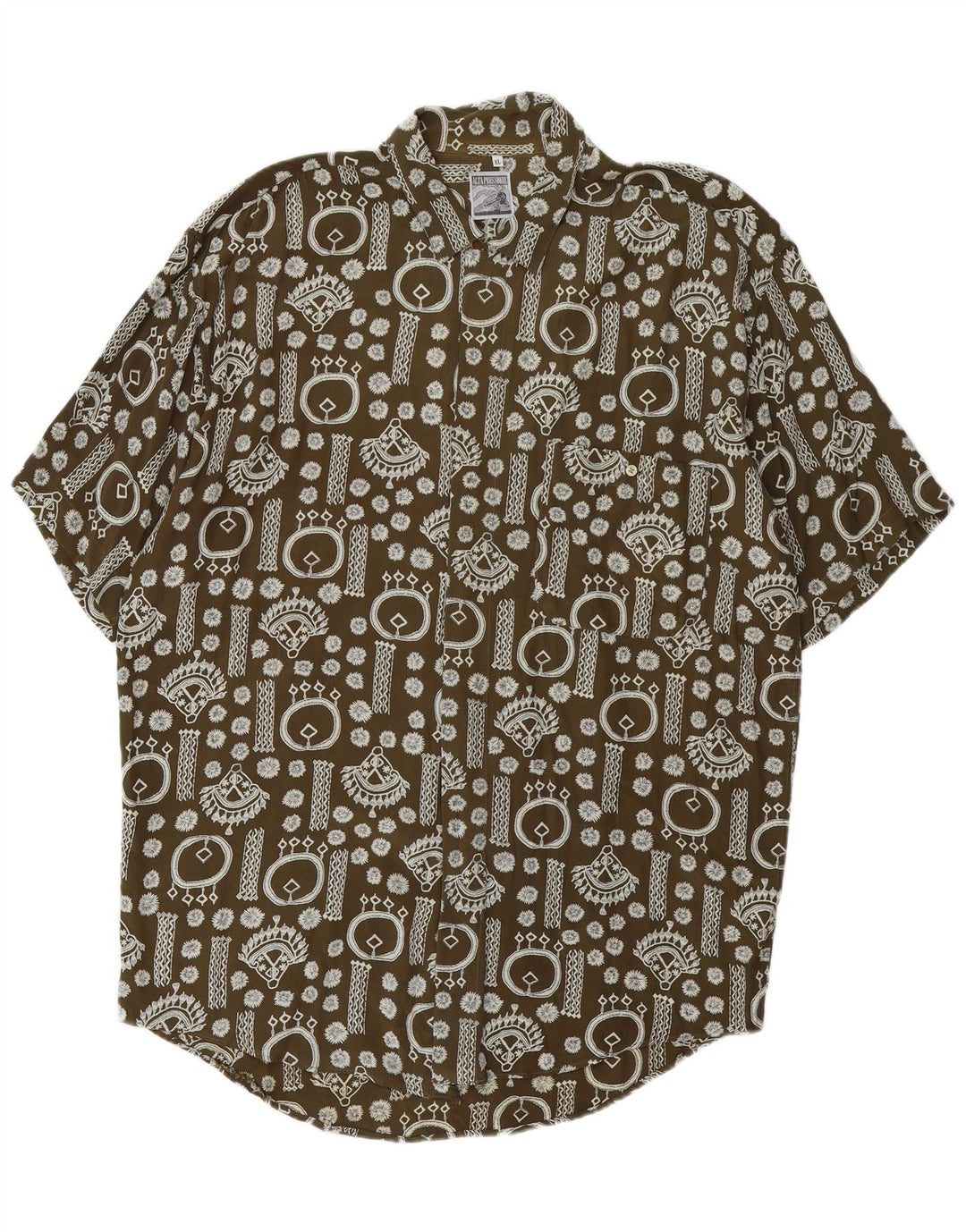 Camisa de manga corta con patrón abstracto vintage para hombre XL Caqui