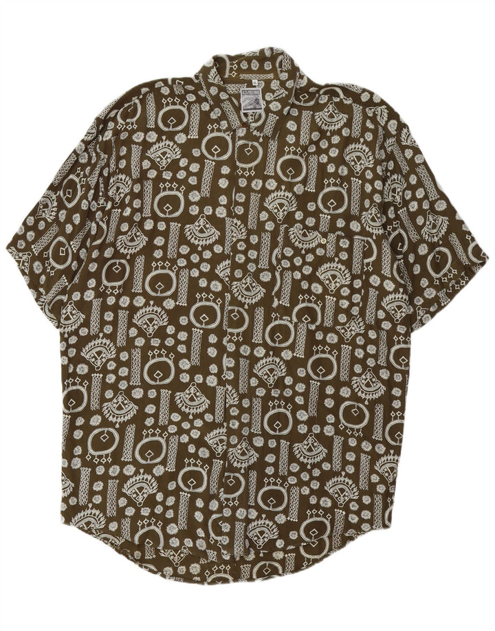 Camisa de manga corta con patrón abstracto vintage para hombre XL Caqui