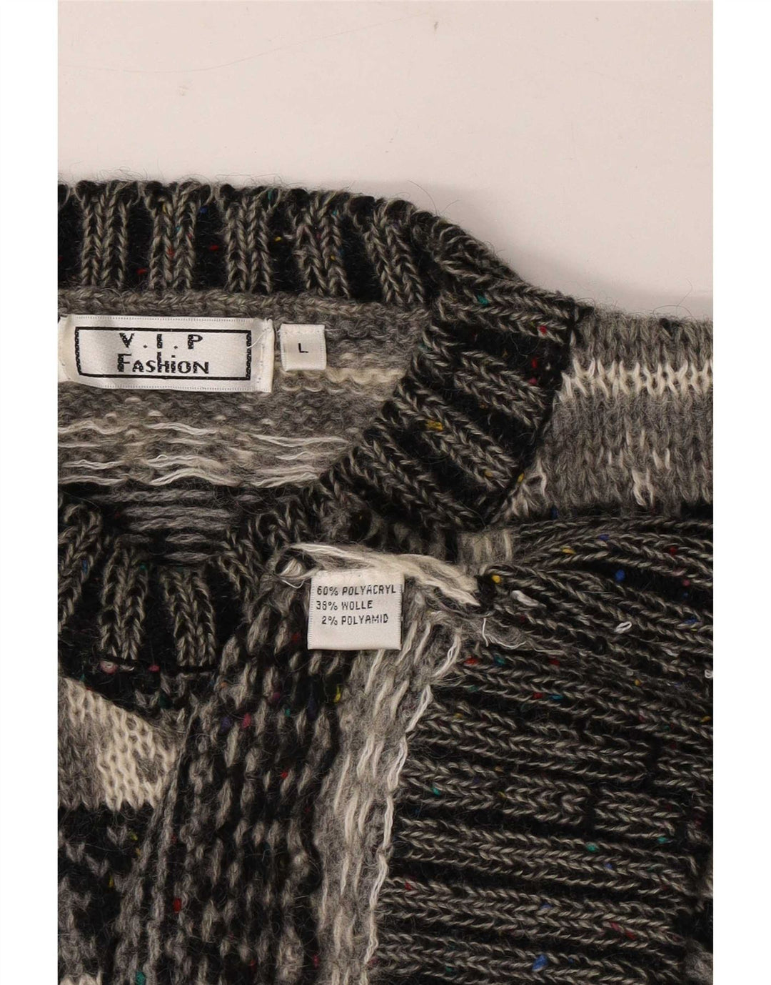 Vintage hombres cuello redondo jersey suéter grande gris Fair Isle poliacrílico