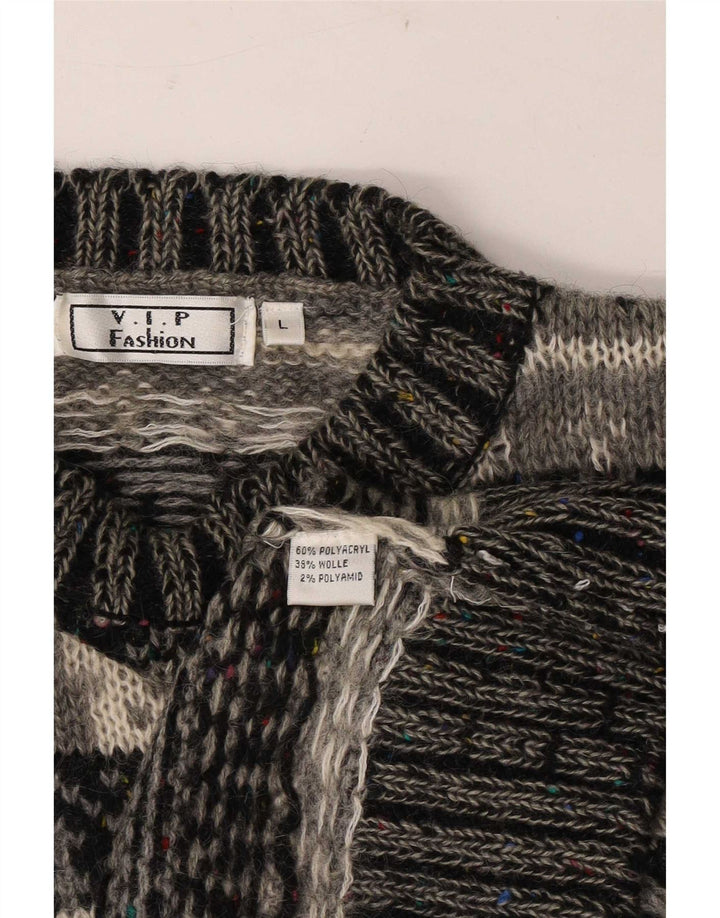 Vintage hombres cuello redondo jersey suéter grande gris Fair Isle poliacrílico