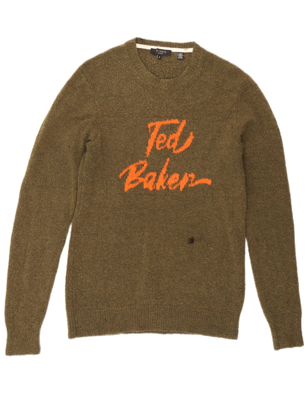 Ted Baker Mens Graphic Crew Neck Jumper Suéter Tamaño 2 Pequeño Caqui Lana