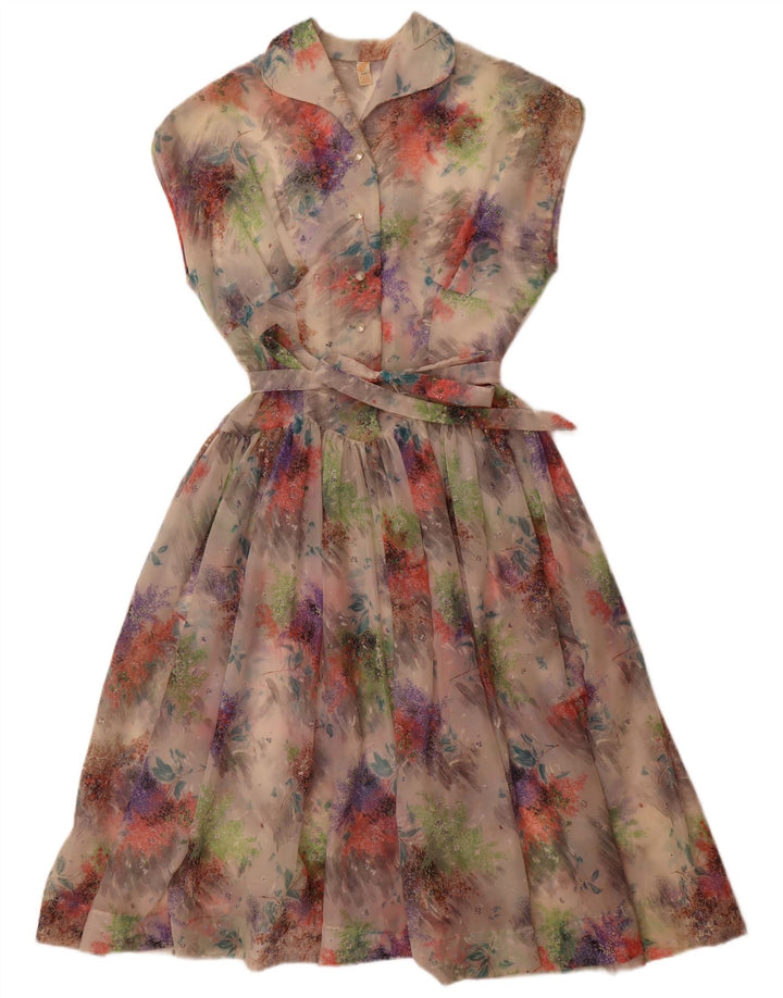 Vintage mujer sin mangas A-Line vestido Reino Unido 14 medio multicolor floral