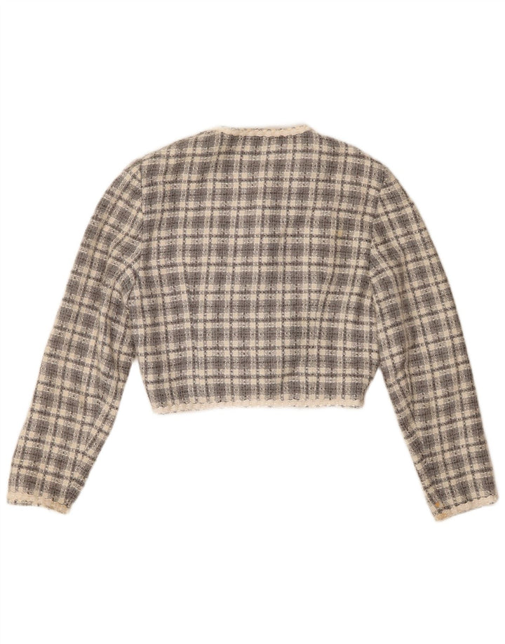 Vintage mujer 3 botones chaqueta bolero EU 36 pequeño gris cheque acrílico