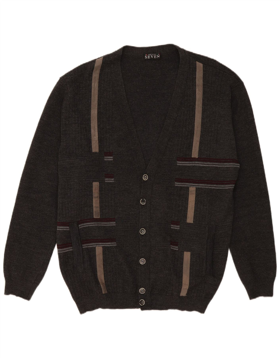 Vintage hombres Cardigan suéter XL gris rayas lana