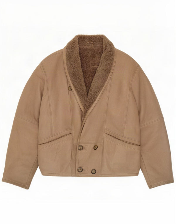 Chaqueta de piel de oveja con doble botonadura vintage para hombre IT 52 XL Beige