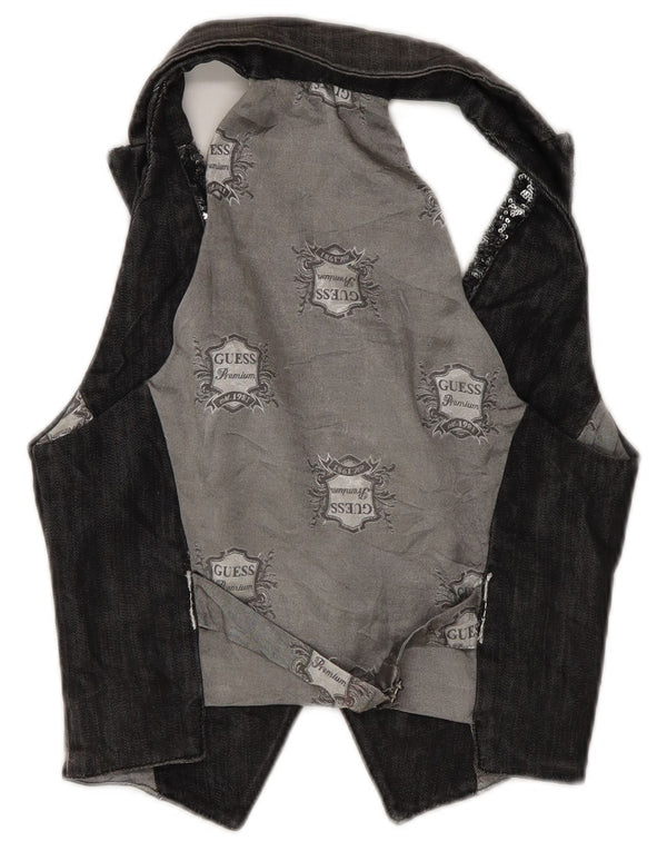 Guess Mujer Crop Graphic Denim Chaleco UK 4 XS Gris Algodón