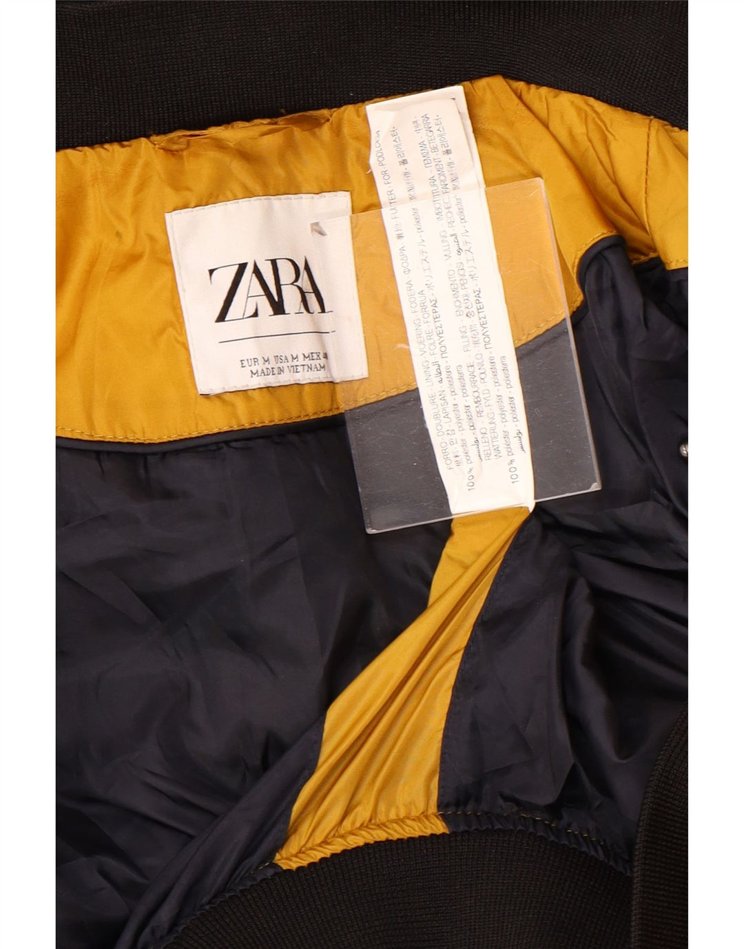 Zara Hombre Chaqueta Acolchada Con Capucha ES 38 Poliéster Color Block Amarillo Medio