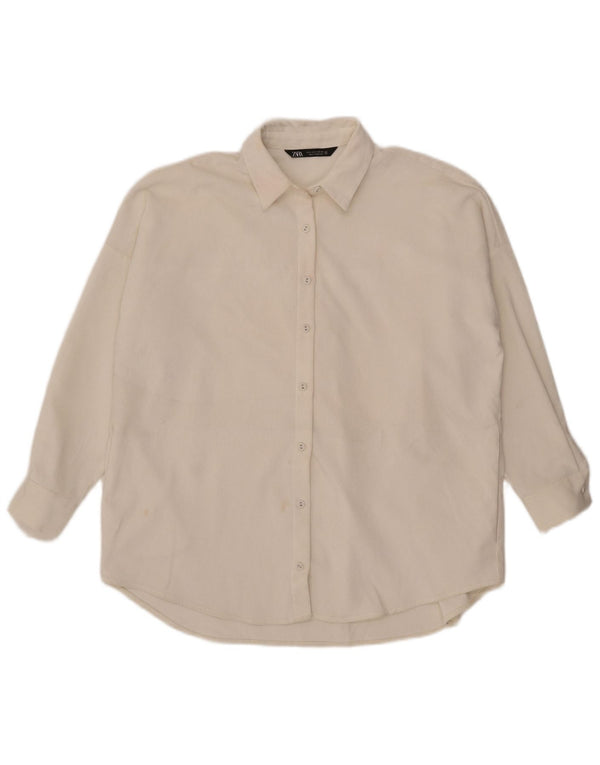 Zara Mujer Camisa De Pana Extragrande UK 10 Small Poliéster Blanco